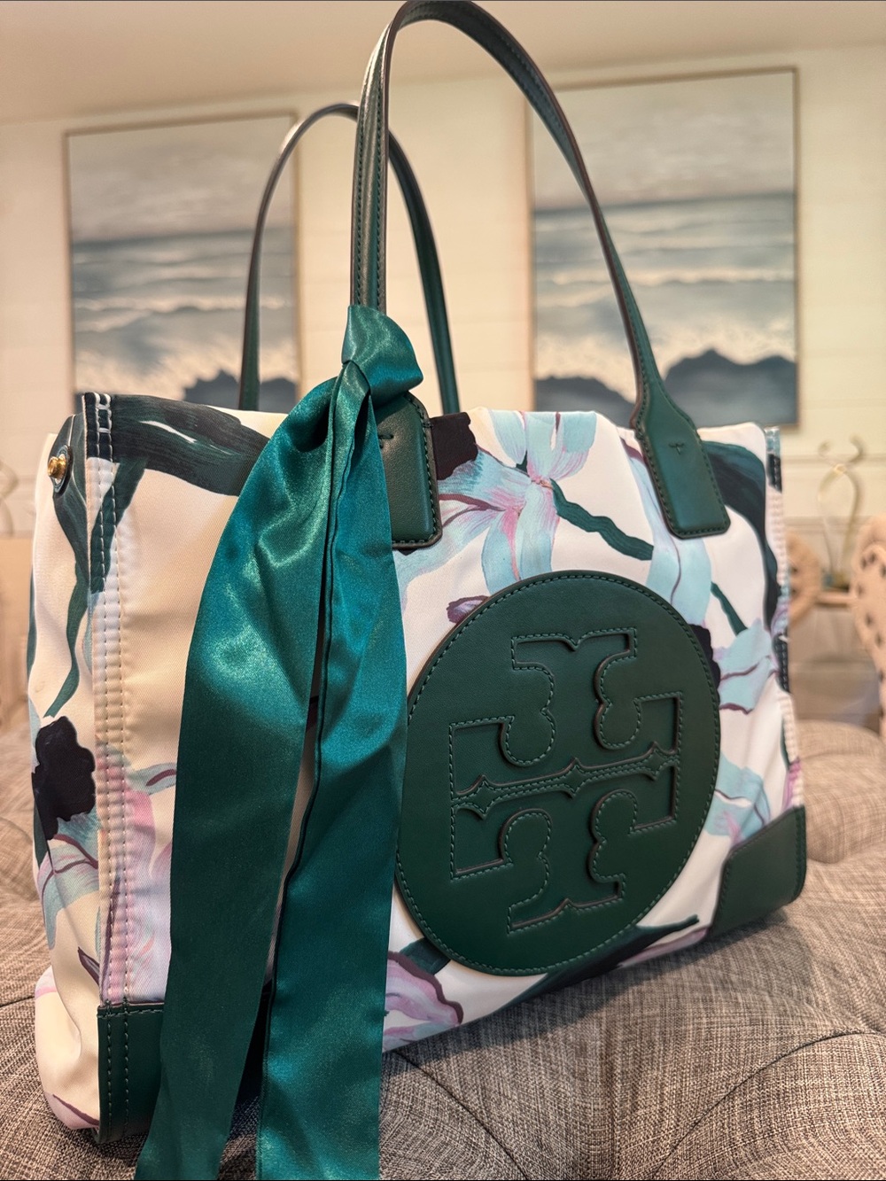 Tory Burch Bag Small Ella Limited Edition Floral Tote with Green Leather Trim - Picture 3 of 17